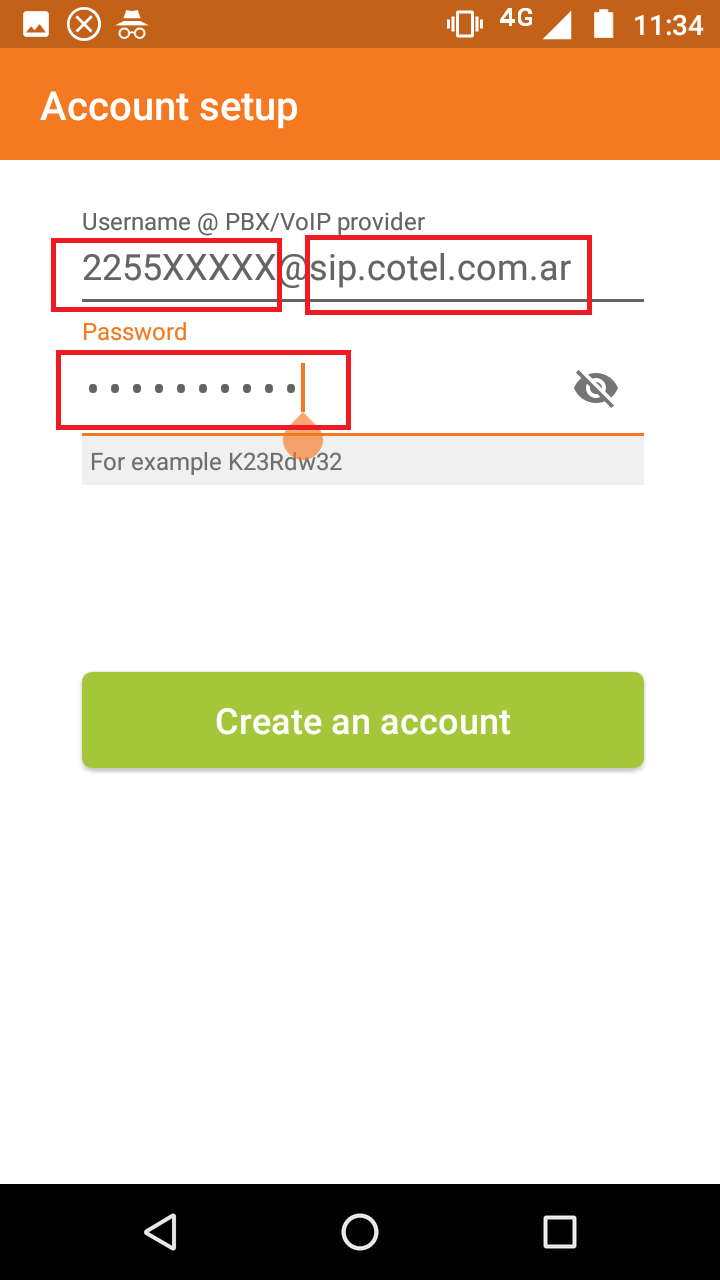 Cuenta SIP registrada correctamente en la app móvil